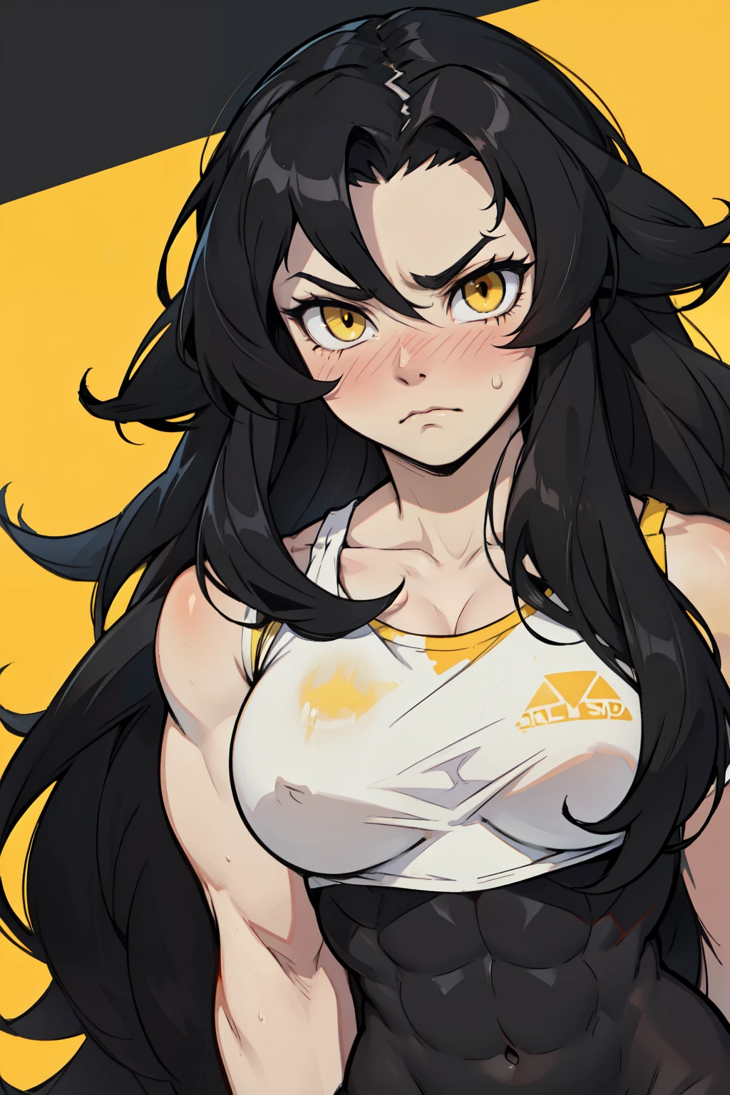 (messy hair extremely long hair black hair yellow eyes pale skin (muscular girl thick girl)) sad frown blush