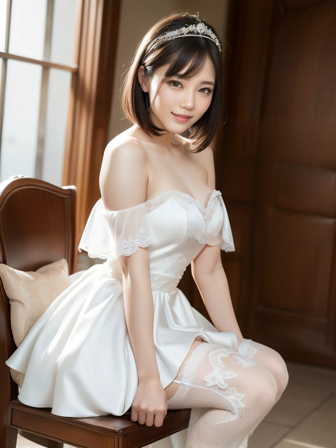 (Best quality: 1.5), (Realistic: 1.5), (1 person: 1.5), (Medium shot: 1.5), Highly detailed, High resolution, 8k, Medium breasts, Natural colored lips, Cute smile, Japanese woman, 20-year-old girl, beautiful and elegant features, perfect and beautiful face, large eyes with good balance between the left and right sides, brunette eyes, beautiful and elegant features, beautiful double eyelids, natural bangs, beautiful thin nose, Beautiful skin, fair skin, (medium bob hair), natural bangs, perfect and beautiful face, slim face and figure, (looks at the camera with a sweet smile), bright lighting, professional lighting, forward lighting, wearing the finest bridal tiara (wearing a pure white off-shoulder mermaid line wedding dress), the finest wedding dress, sitting on the finest chair, a plush chair, lace white gloves, bridal veil, (micro miniskirt dress) , ((garter belt)), knee-length lace stockings, palace、In the city、Luxury House、
