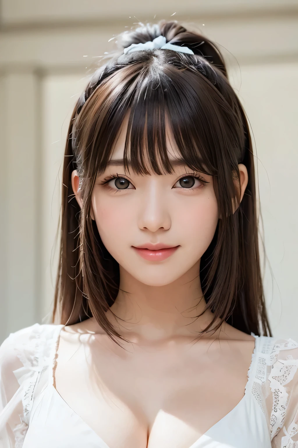 brightexpression、photorealistic stick:1.32、highest quality、超A high resolution、Photos of the most beautiful Japan girls、cute and beautiful face details、small face、(Pueros face_V1:0.008)、Beautiful bangs、、Brilliant white skin、hair gets tangled in face、Bangs that reach down to the face、bangs、hair between eyes、super long hair、charming brown silky hair、bright、Clear light blue eyes shine charmingly、ample breasts、Dynamic poses highest quality、disorganized、((the cutest girl in the world))、Japanese、14 years oldlace dress:1.3))、(half up hair:1.3)、(tie with a thin ribbon)、nice and cute、innocent smile、nice smile、cleavage、(big breasts:1.3)、ponytail、brown hair、thin waist、detailed beautiful eyes、face forward、Upper body、close up of face、Front view、