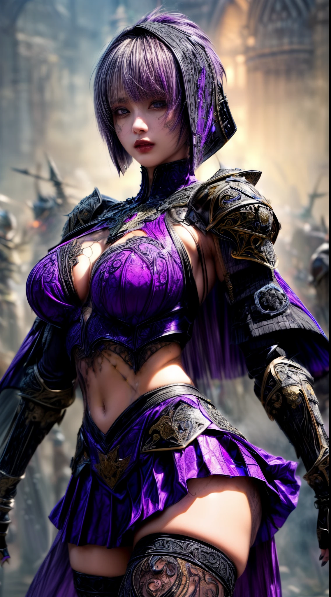 Very beautiful woman、Slender women、(Detailed face)、Grin、Realistic Skin、((Dark Knight)), (Dark purple:1.2)、((((Black armor with very fine and intricate decoration:1.5))))、((Delicate photo)),(Girl Astepeace RAW Photo Details:1.25), (highest quality:1.6), (超A high resolution:1.5), (Realistic:1.75), 8K resolution, Canon EOS R5, 50mm, Absurd, Ultra-detailed,Cinema Lighting,((battlefield))、((battle))、(((Dark grey skirt with embellishments)))、Thigh-high socks、Shin Guardulticolored Hair;1.2)、(Gradient Hair:1.2)、((Light gray hair:1.2))、((light purple hair:1.2))、((Pixie Cut:1.2))、(I can see your ripped abs)、Cape、Beautiful Armor、(((Has a huge weapon)))、(In combat)、((Armor with a bizarre and ugly design))、((((Purple Mist))))、(((Leading a large group of knights:1.2)))、Purple military flag、Tarantula-inspired armor、(((Battle Scene)))、(((Purple Tarantula)))、((Dark circles under the eyes))、((eye shadow))