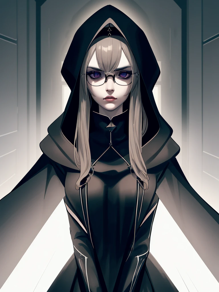 1girl, long dress, black jacket, hoodie, glasses, beautiful detailed eyes, beautiful detailed lips, extremely detailed face, long eyelashes, photorealistic, 8k, hyperdetailed, cinematic lighting, chiaroscuro, dramatic lighting, dramatic pose, moody atmosphere, muted color palette, dark fantasy