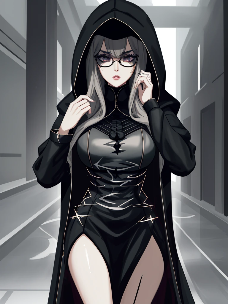 1girl, long dress, black jacket, hoodie, glasses, beautiful detailed eyes, beautiful detailed lips, extremely detailed face, long eyelashes, photorealistic, 8k, hyperdetailed, cinematic lighting, chiaroscuro, dramatic lighting, dramatic pose, moody atmosphere, muted color palette, dark fantasy
