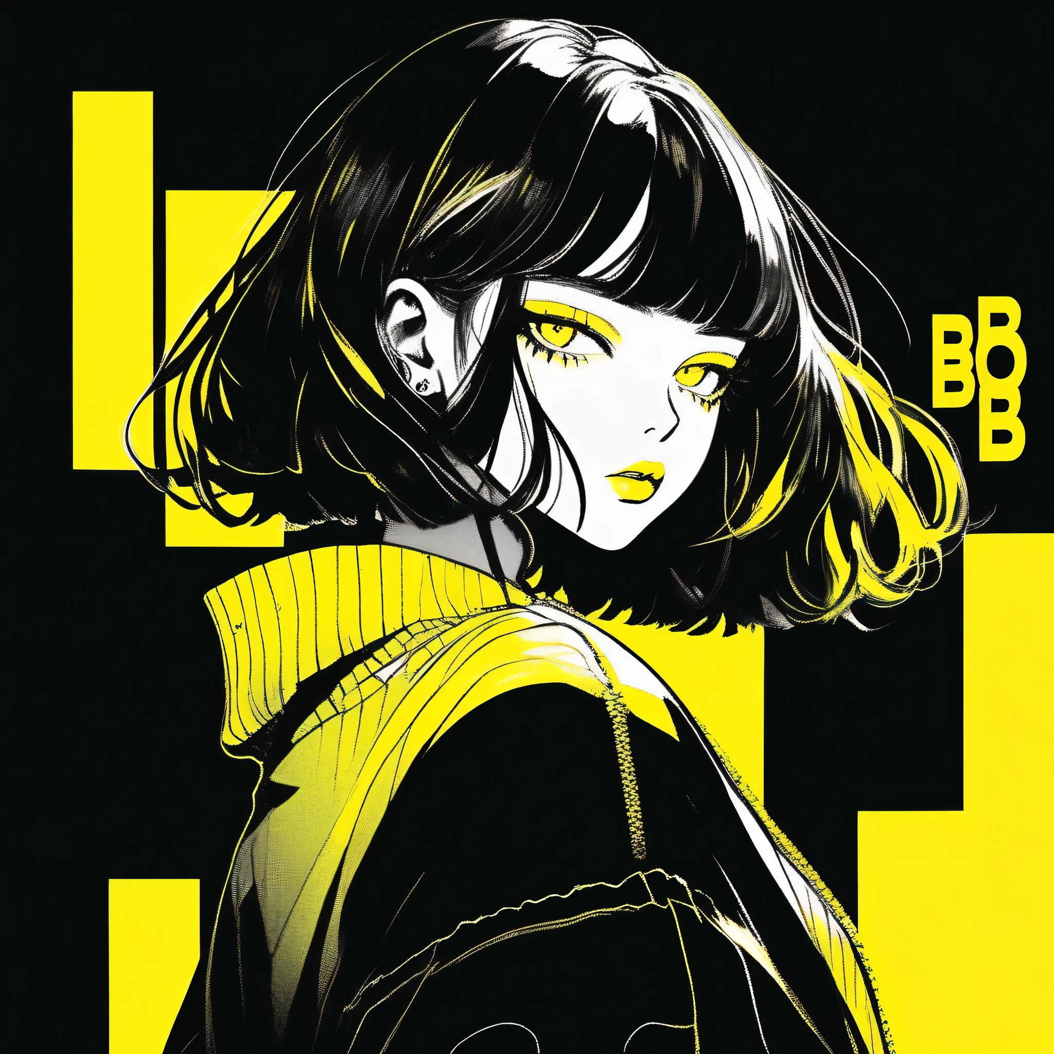 (highest quality, sketch:1.2), Dark monochrome background, anime,Illustrator,anime,1 girl, Detailed lips,sweater,custom,background completely black, Neon Hair,Texture Cropping,Canadian, masterpiece, Style: Retro Classic, Dark Black, art, sketch book, (Bob hair yellow:1.35, black:1.55), bad woman 、Yellow Background