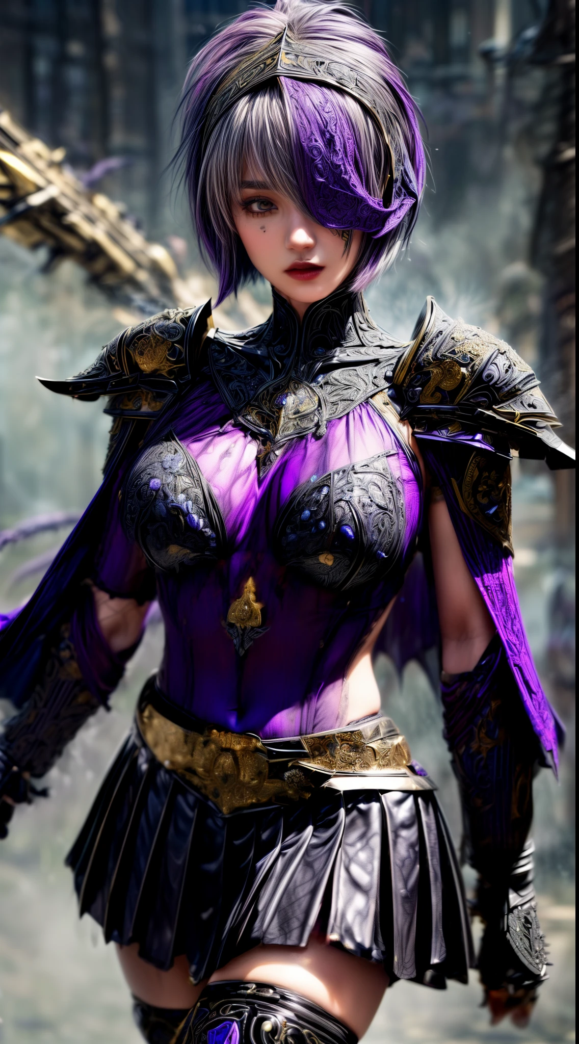 Very beautiful woman、Slender women、(Detailed face)、Grin、Realistic Skin、((Dark Knight)), (Dark purple:1.2)、((((Black armor with very fine and intricate decoration:1.5))))、((Delicate photo)),(Girl Astepeace RAW Photo Details:1.25), (highest quality:1.6), (超A high resolution:1.5), (Realistic:1.75), 8K resolution, Canon EOS R5, 50mm, Absurd, Ultra-detailed,Cinema Lighting,((battlefield))、((battle))、(((Dark grey skirt with embellishments)))、Thigh-high socks、Shin Guardulticolored Hair;1.2)、(Gradient Hair:1.2)、((Light gray hair:1.2))、((light purple hair:1.2))、((Pixie Cut:1.2))、(I can see your ripped abs)、Cape、Beautiful Armor、(((Has a huge weapon)))、(In combat)、((Armor with a bizarre and ugly design))、((((Purple Mist))))、(((Leading a large group of knights:1.2)))、Purple military flag、Tarantula-inspired armor、(((Battle Scene)))、(((Purple Tarantula)))、((Dark circles under the eyes))、((eye shadow))