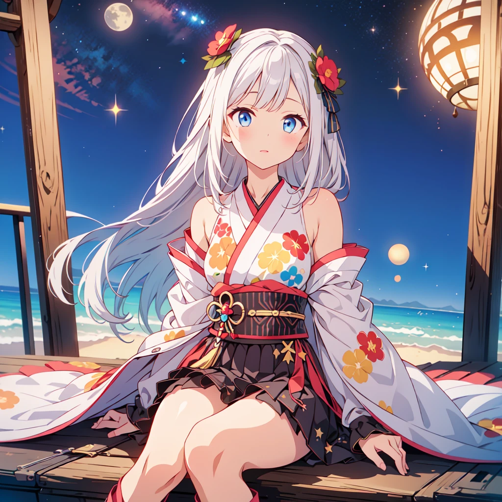 Star Fairy、(masterpiece, highest quality), One girl, Sitting on the crescent moon、「Beautifully printed galaxy patterned kimono and gothic ta outfits.、Space Pattern Ruffle Box Pleated Mini Skirt、Frontal portrait、Knee-high boots、Captivating eyes、Perfect and amazing face、Exquisite detail、Clear images、highest quality。」Milky white and light blue gradient long straight hair、
