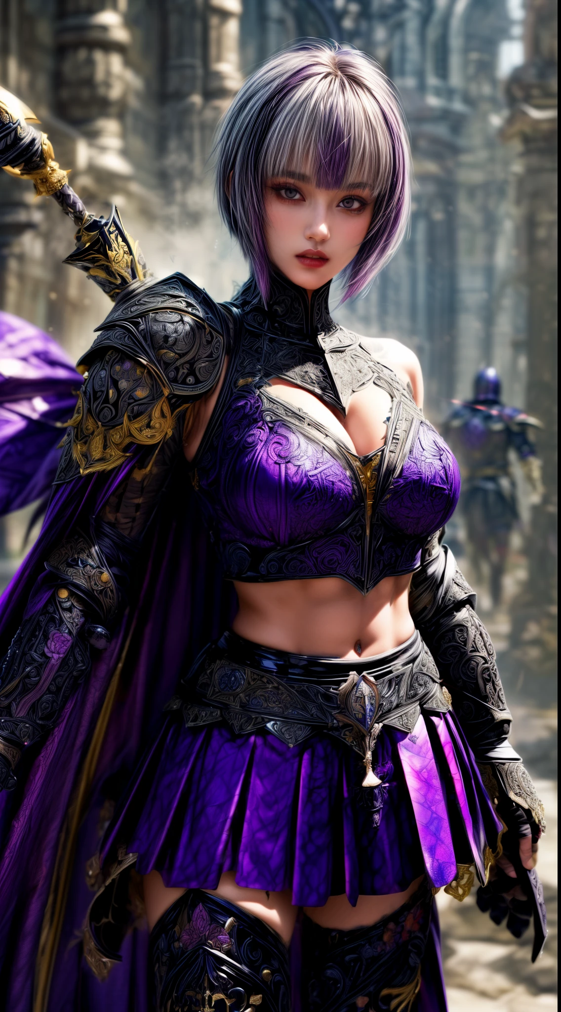 Very beautiful woman、Slender women、(Detailed face)、Grin、Realistic Skin、((Dark Knight)), (Dark purple:1.2)、((((Black armor with very fine and intricate decoration:1.5))))、((Delicate photo)),(Girl Astepeace RAW Photo Details:1.25), (highest quality:1.6), (超A high resolution:1.5), (Realistic:1.75), 8K resolution, Canon EOS R5, 50mm, Absurd, Ultra-detailed,Cinema Lighting,((battlefield))、((battle))、(((Dark grey skirt with embellishments)))、Thigh-high socks、Shin Guardulticolored Hair;1.2)、(Gradient Hair:1.2)、((Light gray hair:1.2))、((light purple hair:1.2))、((Pixie Cut:1.2))、(I can see your ripped abs)、Cape、Beautiful Armor、(((Has a huge weapon)))、(In combat)、((Armor with a bizarre and ugly design))、((((Purple Mist))))、(((Leading a large group of knights:1.2)))、Purple military flag、Tarantula-inspired armor、(((Battle Scene)))、(((Purple Tarantula)))、((Dark circles under the eyes))、((eye shadow))