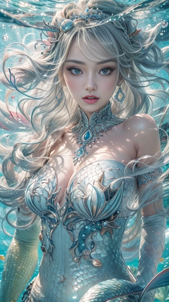 Ocean Forest, City, Fantastic Fantasy, Glowing Plants, Coral Viaduct, (Swarm of Glowing Jellyfish), (Shoal of Fish with Transparent Wings Flying in the Sky), Misty, Extreme Detail, Morning Light, Epic Composition, (Intricate Detail), (Intricate Design, Ultra Detail: 1.2),1girl, huge breast, hands on breast, breast focus