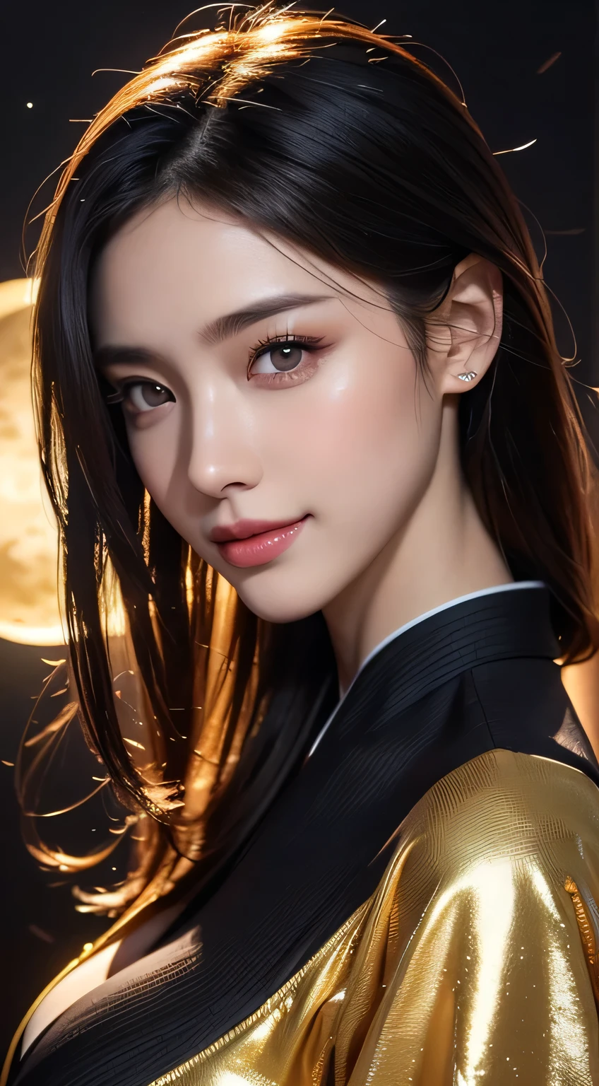 Kimono beauty, body portrait, 8k, thin and beautiful eyes, Dindal effect, masterpiece, top quality, high quality, high resolution, very detailed photo, (natural skin texture, fine skin, hyper realism, super sharpness) , high detail skin, (very fine, fine skin texture, intricate details, beautiful face, (real-like face), realistic eyes, beautifully detailed eyes, realistic skin, beautiful skin, surreal, Highly detailed, golden ratio, smiling eyes, ((night moonlight background)), body portrait, G cup, big breasts, huge breasts, big breasts, glamorous, shiny bodysuit