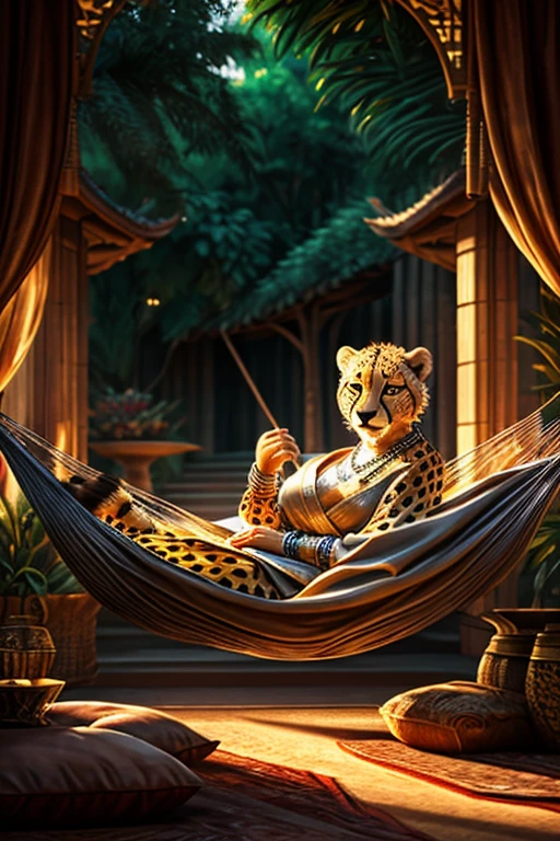 fat female cheetah, hammock, kimono, silver bracelets, silver necklace, silver earrings, detailed face, detailed eyes, detailed nose, detailed lips, laying cheetah, realistic, photorealistic, ultra-detailed, 8k, best quality, masterpiece, cinematic lighting, dynamic composition, warm color palette, glowing fur, intricate patterns, flowing fabric