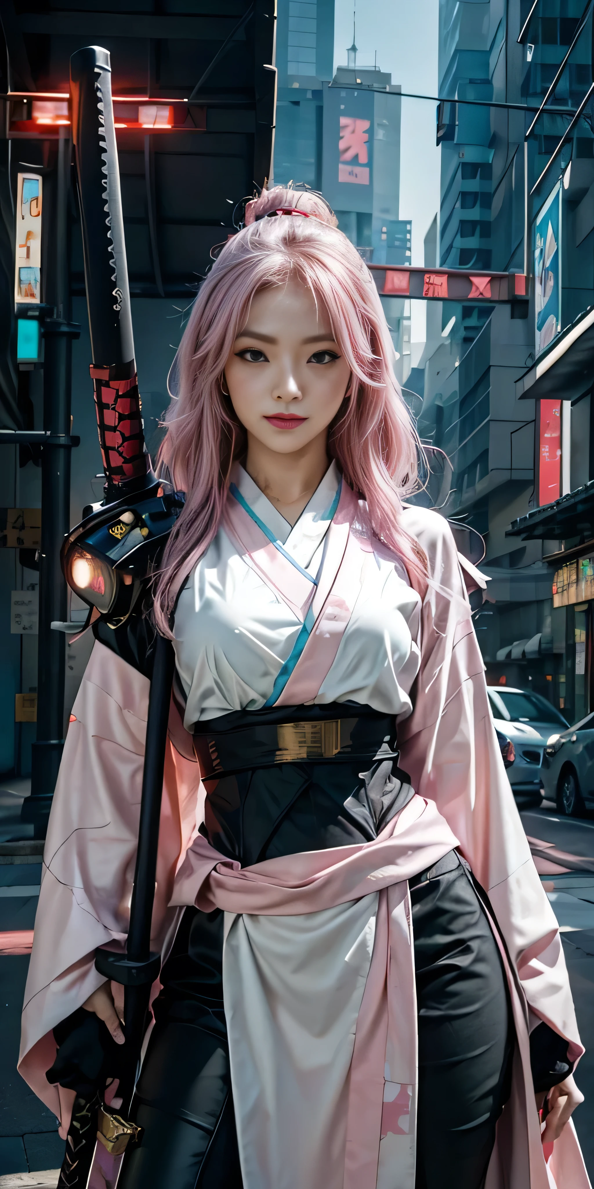 arafed woman in a pink kimono with a sword in a city, very beautiful cyberpunk samurai, anime girl cosplay, anime cosplay, anime style mixed with fujifilm, haruno sakura, anime inspired, anime girl in real life, anime style. 8k, cosplay, anime style 4 k, female cyberpunk anime girl, cyberpunk anime girl, wearing japanese techwear