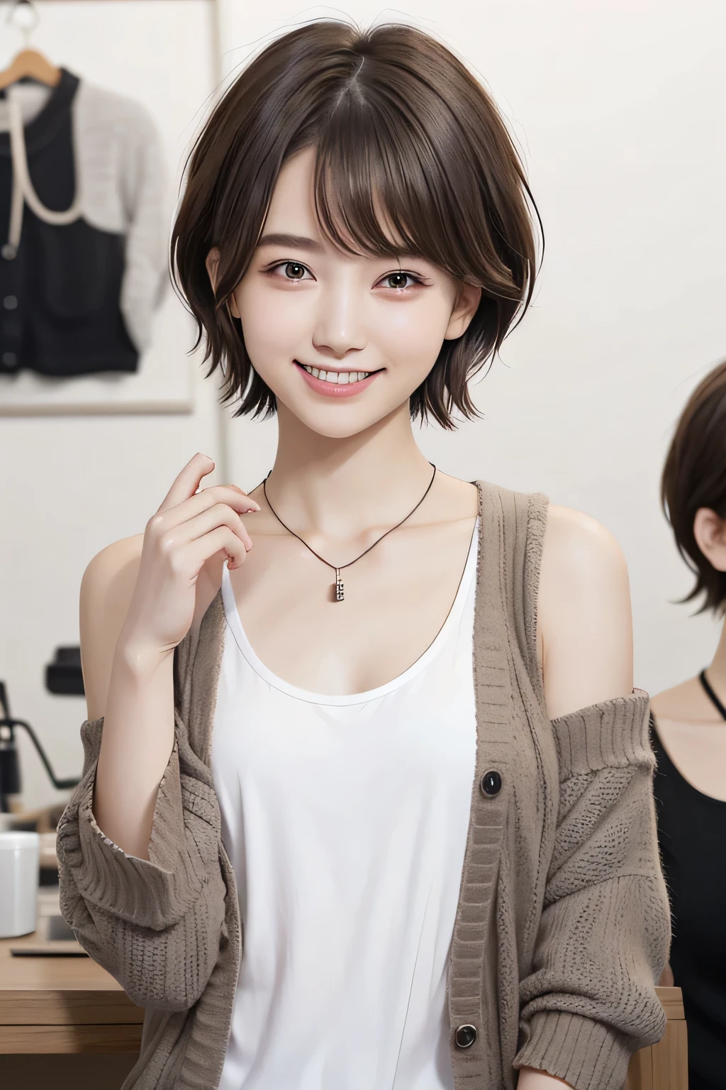 205 ((short hair)), 20-year-old female, In underwear、Put a cardigan over your shoulders、 A refreshing smile、Beautiful teeth alignment、Dark eyeliner、Dark brown hair、ear piercing、Necklace around the neck、Looking at the camera