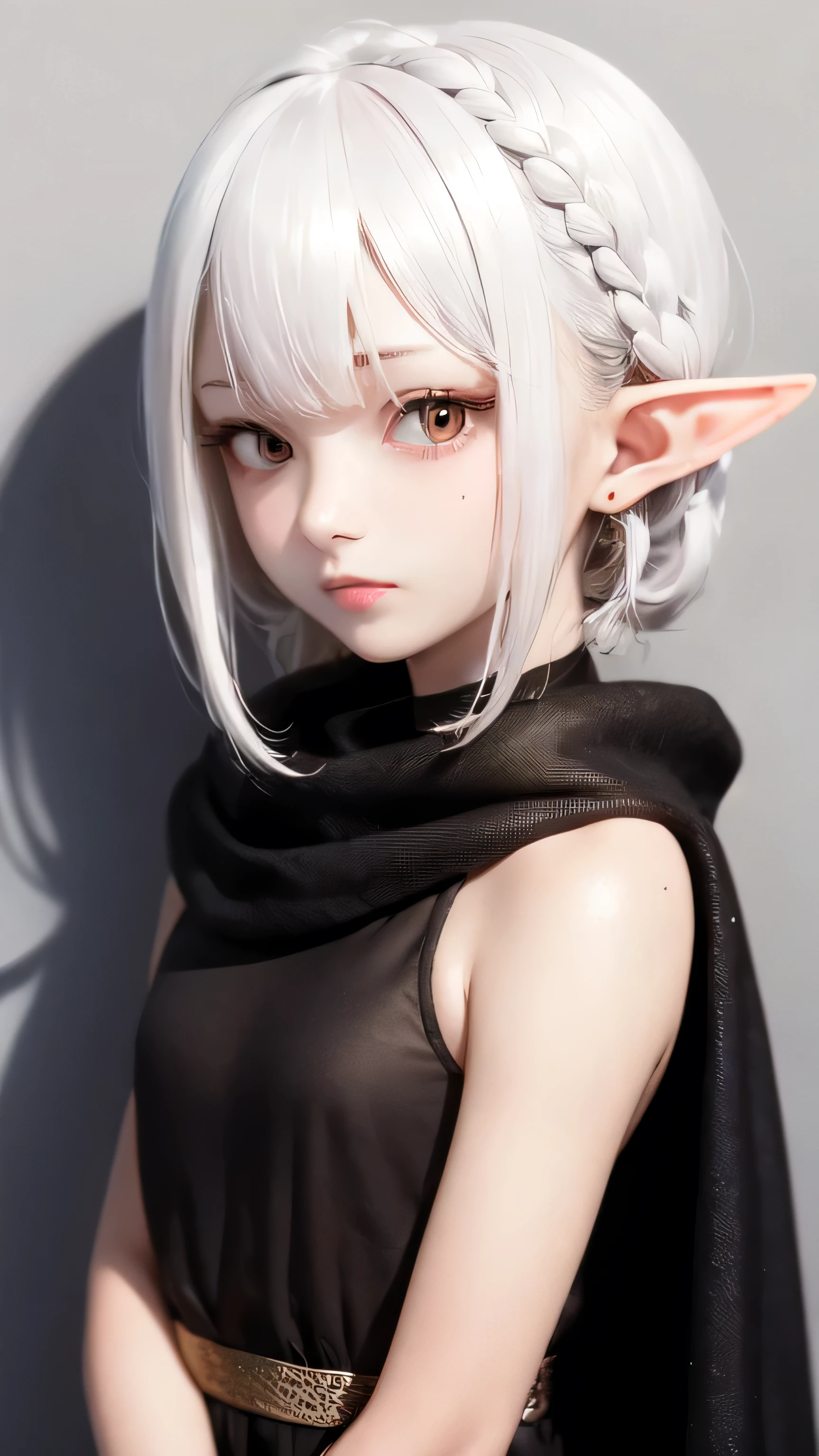 best quality, masterpiece,white hair, Elf, red eyes,black cloth, looking at viewers, upper body,hair strand,Fair skin,side braids