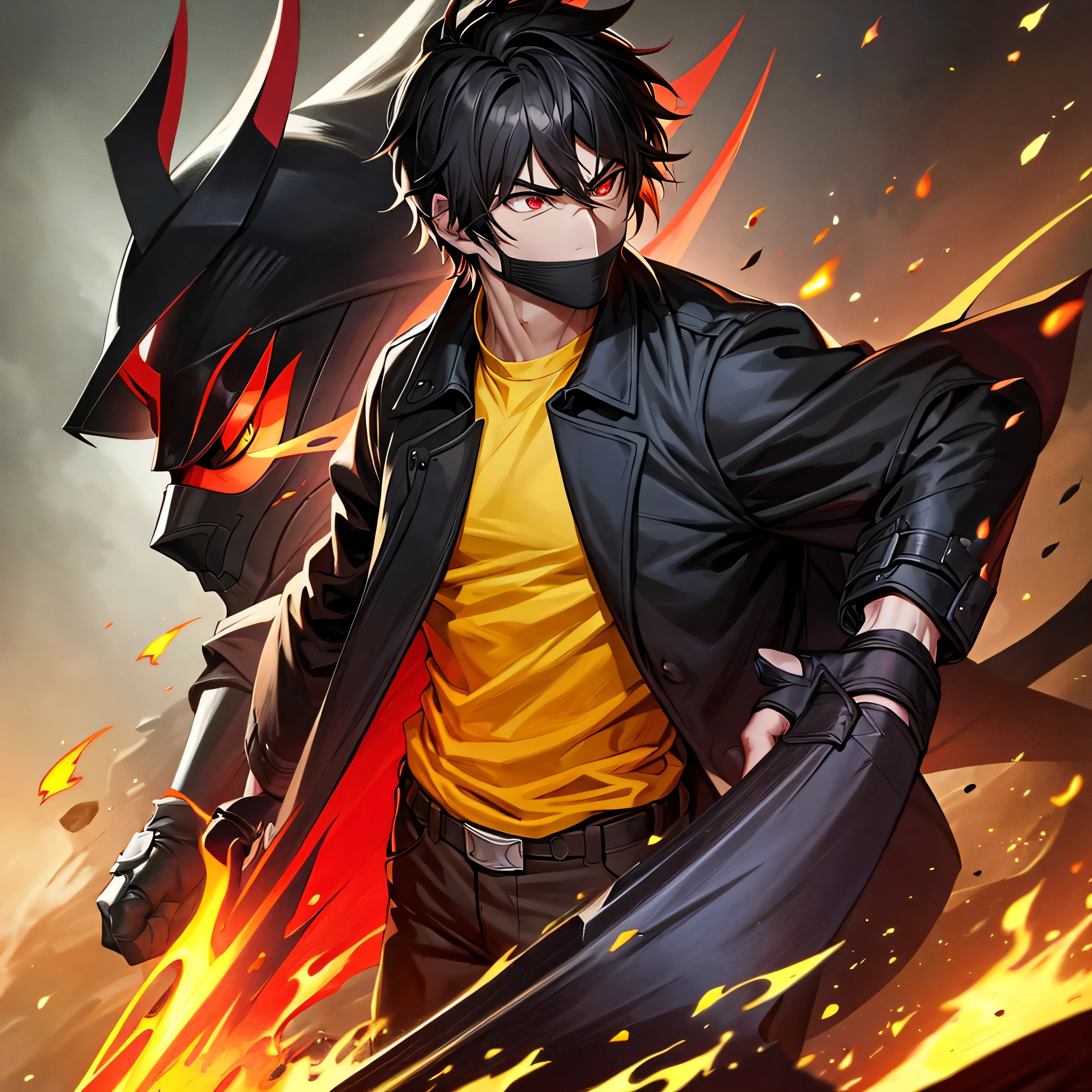 Make a ninja Man with red eyes, messy hair, a yellow shirt, black shorts, and a black overcoat. The ninja has a sword on his back, He is wearing a long overcoat, the ninja is wearing a mask 