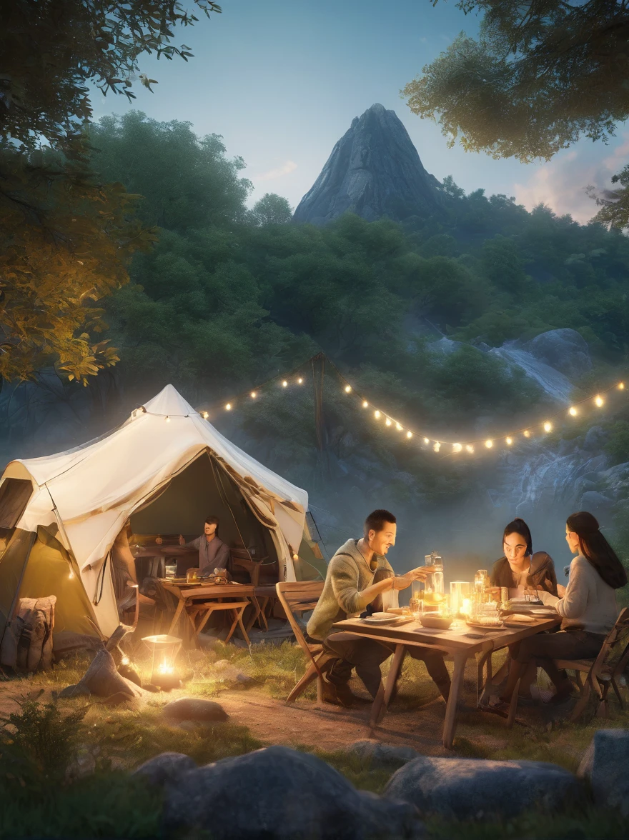 photography，Fresh air，Dense foliage，dining table，light，Camping scene，Light Effect，Detailed depiction，Grand scene，(Couples:1.6)，Embrace，(tent:1.5)，(tent焦点:1.5), Unreal Engine