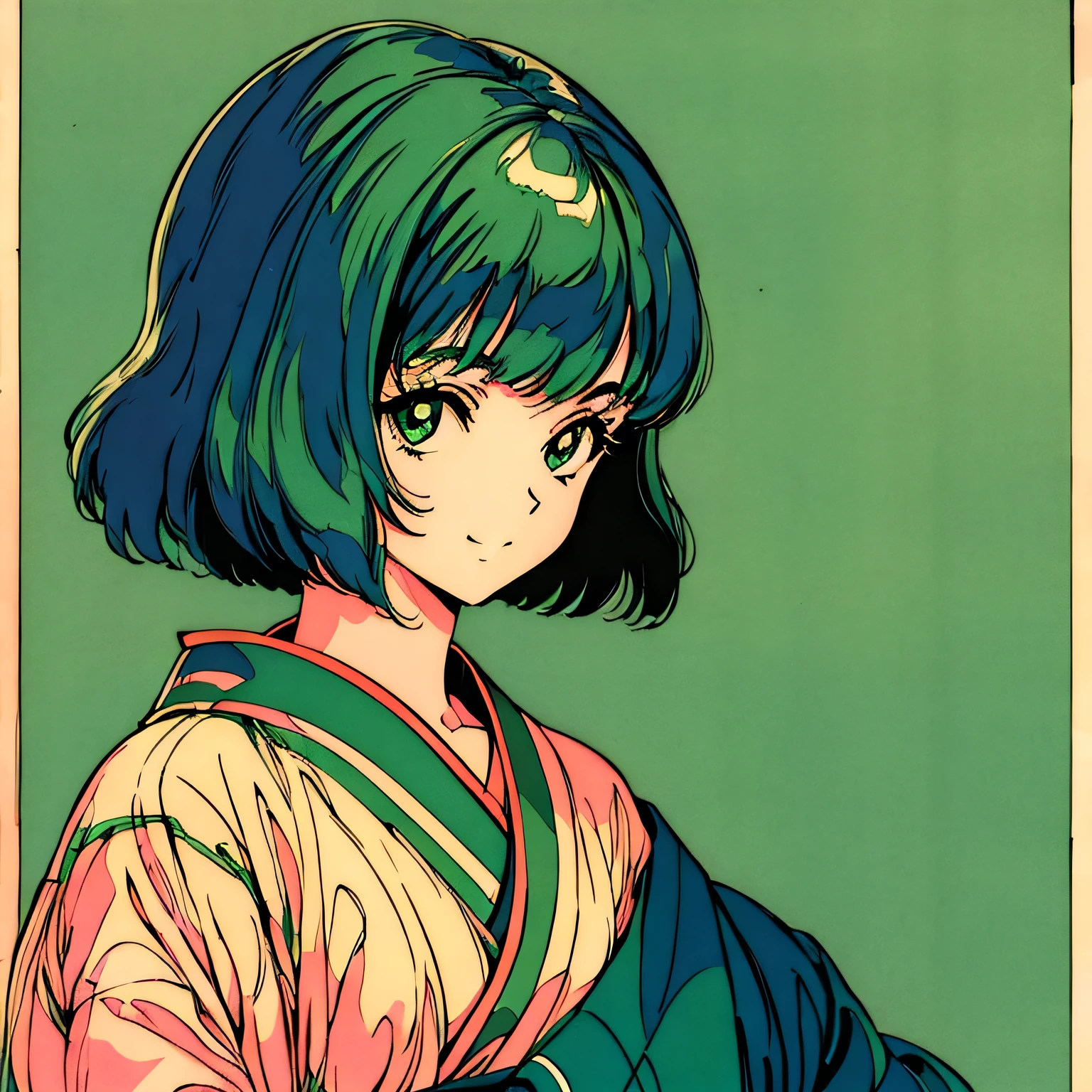 master piece, Kyoto style, Green Hair, Japanese, fluffy bob cut, wearing kimono, shoulder length, alone, single person, Futuristic, yet, lofi, retro, vintage, light smile