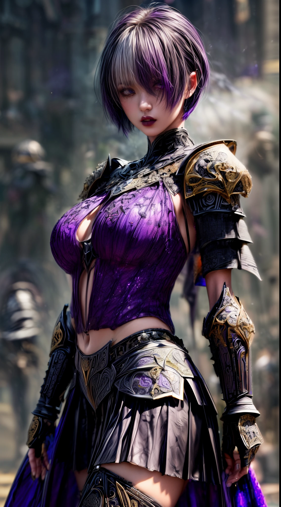 Very beautiful woman、Slender women、(Detailed face)、Realistic Skin、((Dark Knight)), (Dark purple:1.2)、((((Black armor with very fine and intricate decoration:1.5))))、((Delicate photo)),(Girl Astepeace RAW Photo Details:1.25), (highest quality:1.6), (超A high resolution:1.5), (Realistic:1.75), 8K resolution, Canon EOS R5, 50mm, Absurd, Ultra-detailed,Cinema Lighting,((battlefield))、((battle))、(((Dark grey skirt with embellishments)))、Thigh-high socks、Shin Guardulticolored Hair;1.2)、(Gradient Hair:1.2)、((Light gray hair:1.2))、((light purple hair:1.2))、((Pixie Cut:1.2))、(I can see your ripped abs)、Cape、Beautiful Armor、(((Has a huge weapon)))、(In combat)、((Armor with a bizarre and ugly design:1.5))、((((Purple Mist))))、(((Leading a large group of knights:1.2)))、Purple military flag、Tarantula-inspired armor、(((Battle Scene)))、(((Purple Tarantula)))、((Dark circles under the eyes))、((eye shadow))、Black Lip