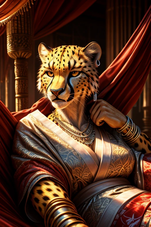 fat female cheetah, hammock, kimono, silver bracelets, silver necklace, silver earrings, detailed face, detailed eyes, detailed nose, detailed lips, resting cheetah, realistic, photorealistic, ultra-detailed, 8k, best quality, masterpiece, cinematic lighting, dynamic composition, warm color palette, glowing fur, intricate patterns, flowing fabric