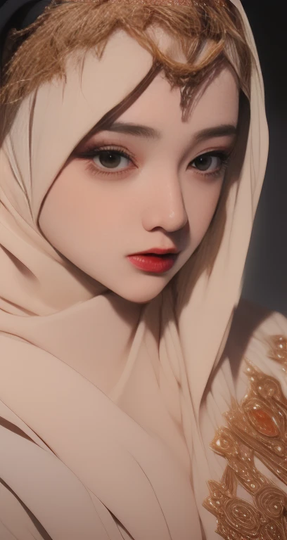 1girl,hijab,arabian queen,luxury cloth,detailed face,beautiful eyes,beautiful lips,long eyelashes,ornate jewelry,intricate headpiece,flowing robe,opulent background,dramatic lighting,chiaroscuro,oil painting,muted colors,highly detailed,photorealistic,masterpiece,8k