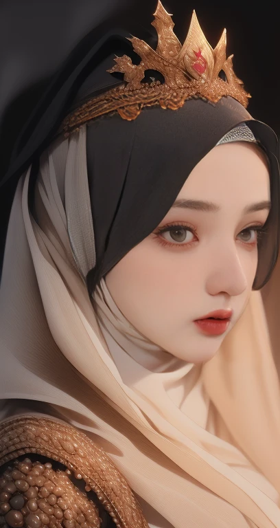 1girl,hijab,arabian queen,luxury cloth,detailed face,beautiful eyes,beautiful lips,long eyelashes,ornate jewelry,intricate headpiece,flowing robe,opulent background,dramatic lighting,chiaroscuro,oil painting,muted colors,highly detailed,photorealistic,masterpiece,8k