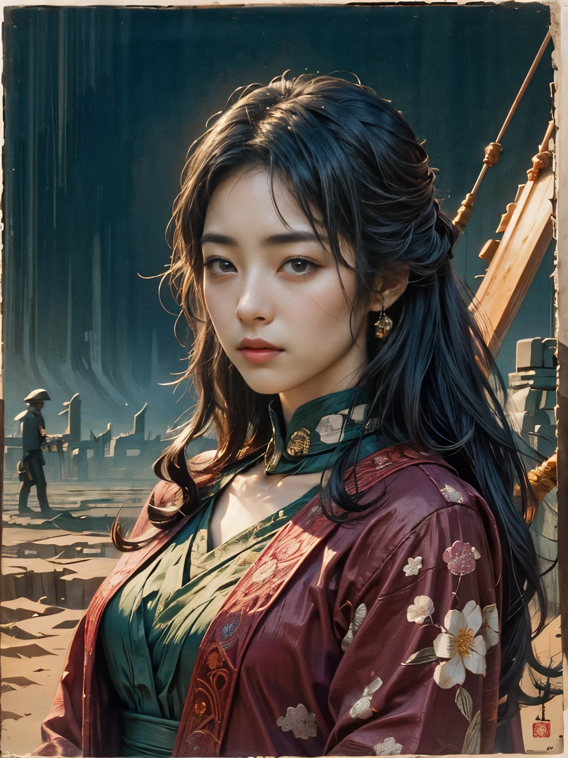 Ukiyo-e:1.9、Utamaro、woodblock print、woodblock print、otherscape、SF、Beautiful woman、Space Opera、skimpy leather costume、spaceship、Purple clouds gather、Detailed face、Beautiful Eyes、Elegant kimono、Intricate floral pattern、Delicate skin、Natural light、A calming color palette、Soft Focuasterpiece