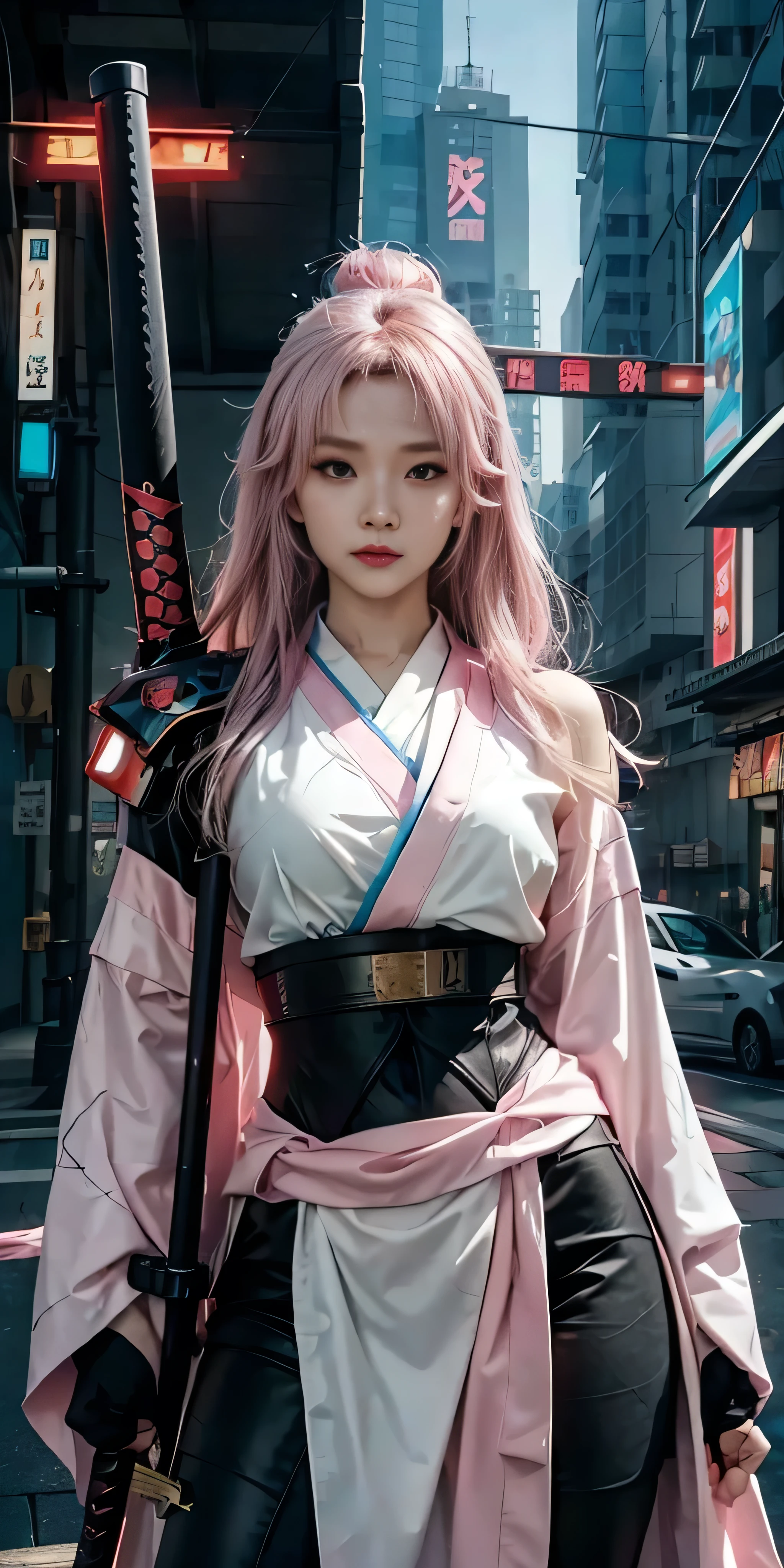 arafed woman in a pink kimono with a sword in a city, very beautiful cyberpunk samurai, anime girl cosplay, anime cosplay, anime style mixed with fujifilm, haruno sakura, anime inspired, anime girl in real life, anime style. 8k, cosplay, anime style 4 k, female cyberpunk anime girl, cyberpunk anime girl, wearing japanese techwear