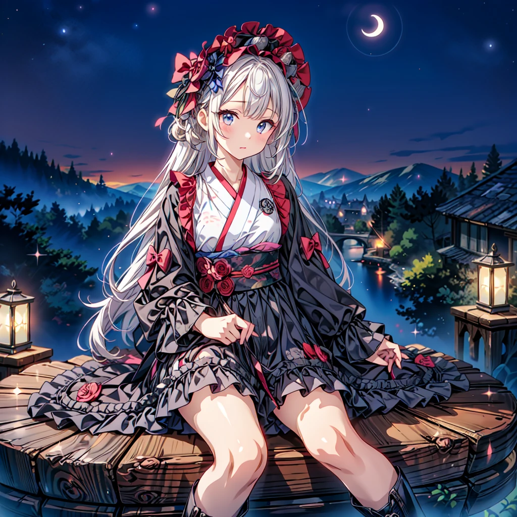 Star Fairy、(masterpiece, highest quality), One girl, Sitting on the crescent moon、「Beautifully printed galaxy patterned kimono and gothic ta outfits.、Space Pattern Ruffle Box Pleated Mini Skirt、Frontal portrait、Knee-high boots、Captivating eyes、Perfect and amazing face、Exquisite detail、Clear images、highest quality。」Milky white and light blue gradient long straight hair、