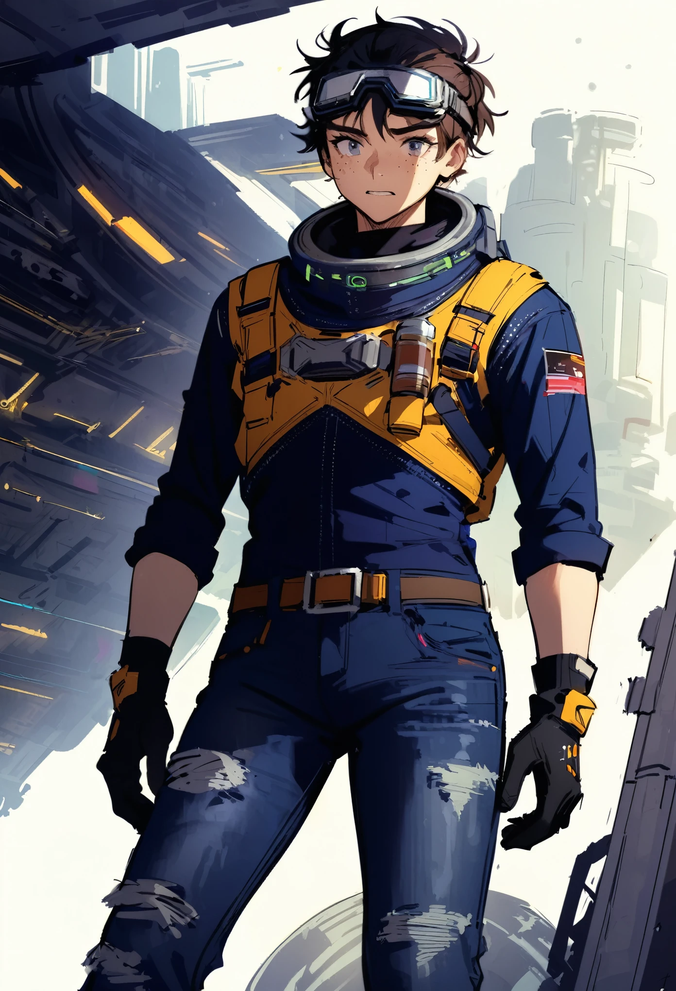 (sketch:1.1), (masterpiece, best quality), first sound, space punk engineer, science fiction, jeans, freckles, Gloves, goggles, graphic novel