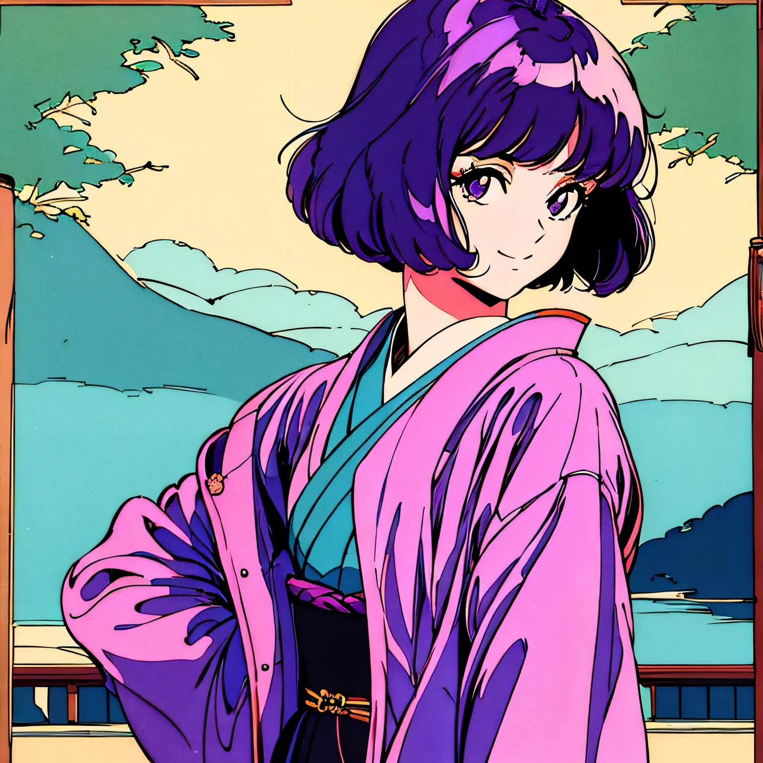master piece, Kyoto style, Purple Hair, Japanese, fluffy bob cut, wearing kimono, shoulder length, alone, single person, Futuristic, yet, lofi, retro, vintage, light smile