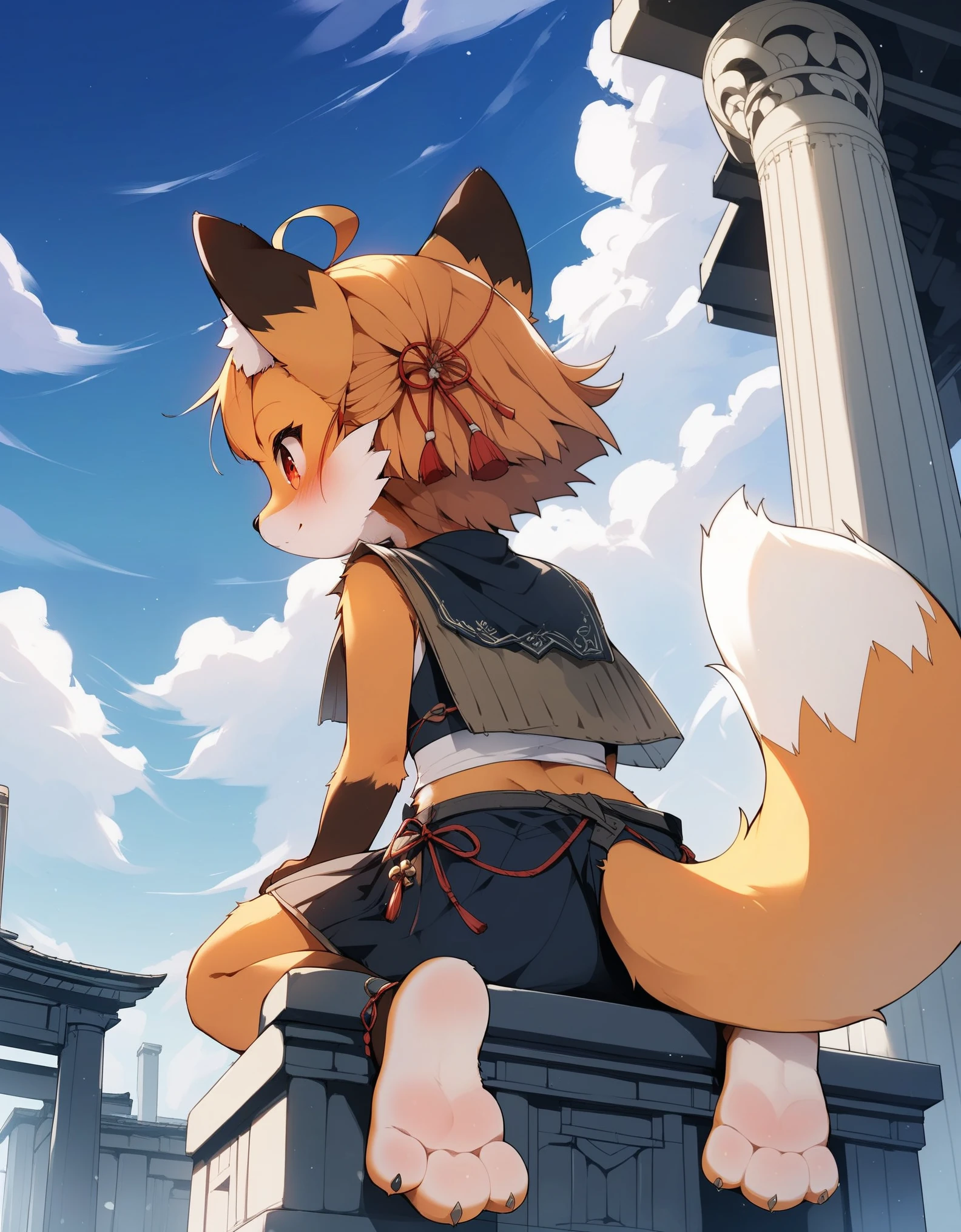 score_9, score_8_up, score_7_up, score_6_up, source_anime, rating_safe, furry female, solo, dagasi_style,, furry, temple, fox girl, sitting, low view, from behind, soles at spectator, showing soles, grinning, paws, 3 toes, barefoot, paws