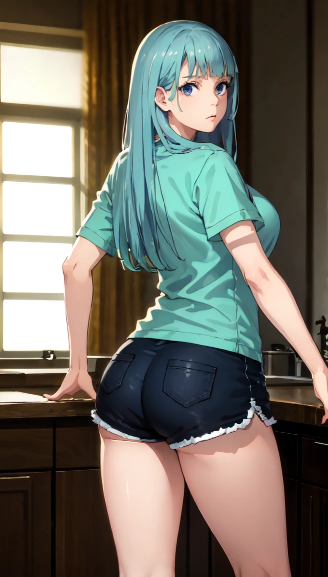 photorealistic, (4k), depth of field, (Masterpiece), (realistic skin texture), extremely detailed, intricate, hyper detailed, professional photography, bokeh, high resolution, sharp detail, best quality, girl, long hair, aqua hair, blunt bangs, blue eyes, dynamic pose, baggy graphic tshirt, dolfine shorts, booty shorts, beautiful thighs, colarbone, indoors, facing viewer, looking at viewers, large breasts,kasumi, miwa, kasumi miwa