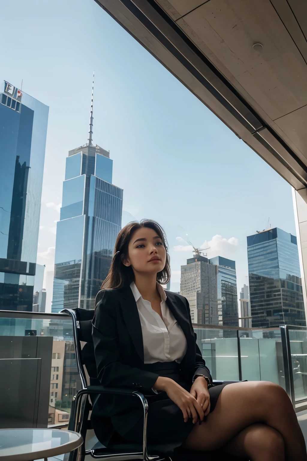 a woman sitting in a chair and surrounded by skyscrapers seen from below 