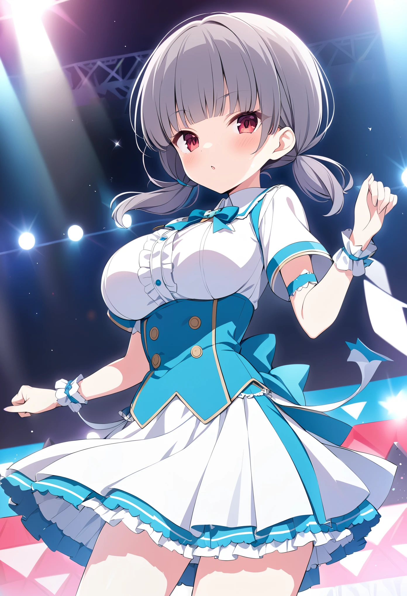 SHIGINOMUTSUMI, GREY HAIR, LOW TWINTAILS, SHORT TWINTAILS, BLUNT BANGS, SHORT HAIR, RED EYES,, large breasts, live stage, solo、