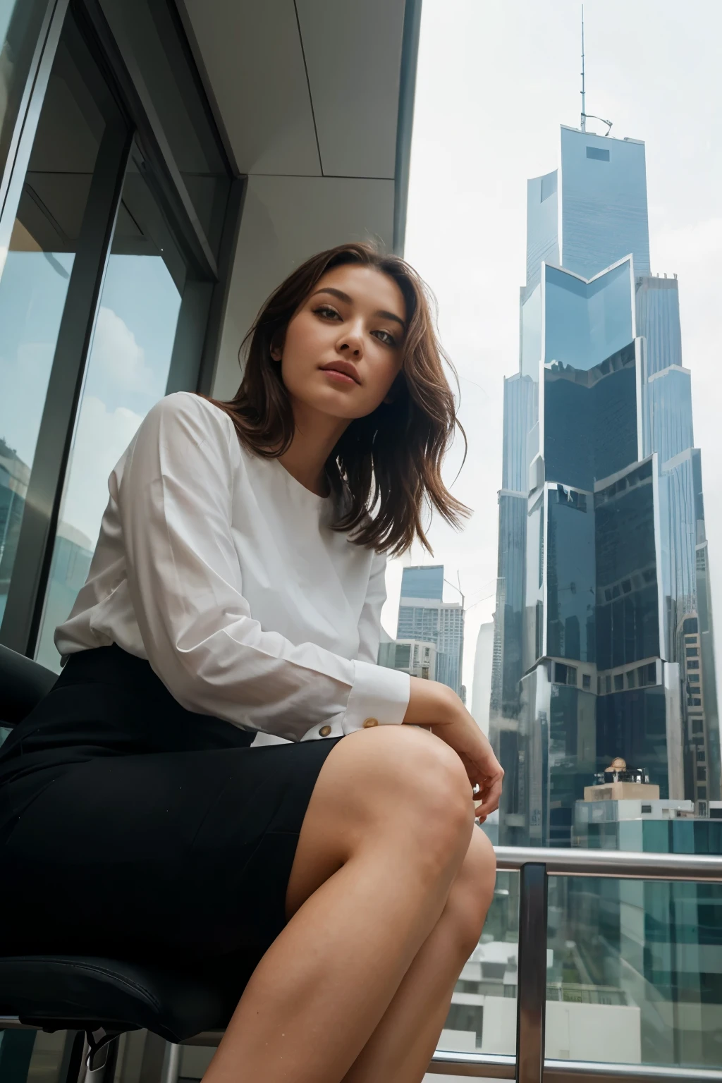 a woman sitting in a chair and surrounded by skyscrapers seen from below 