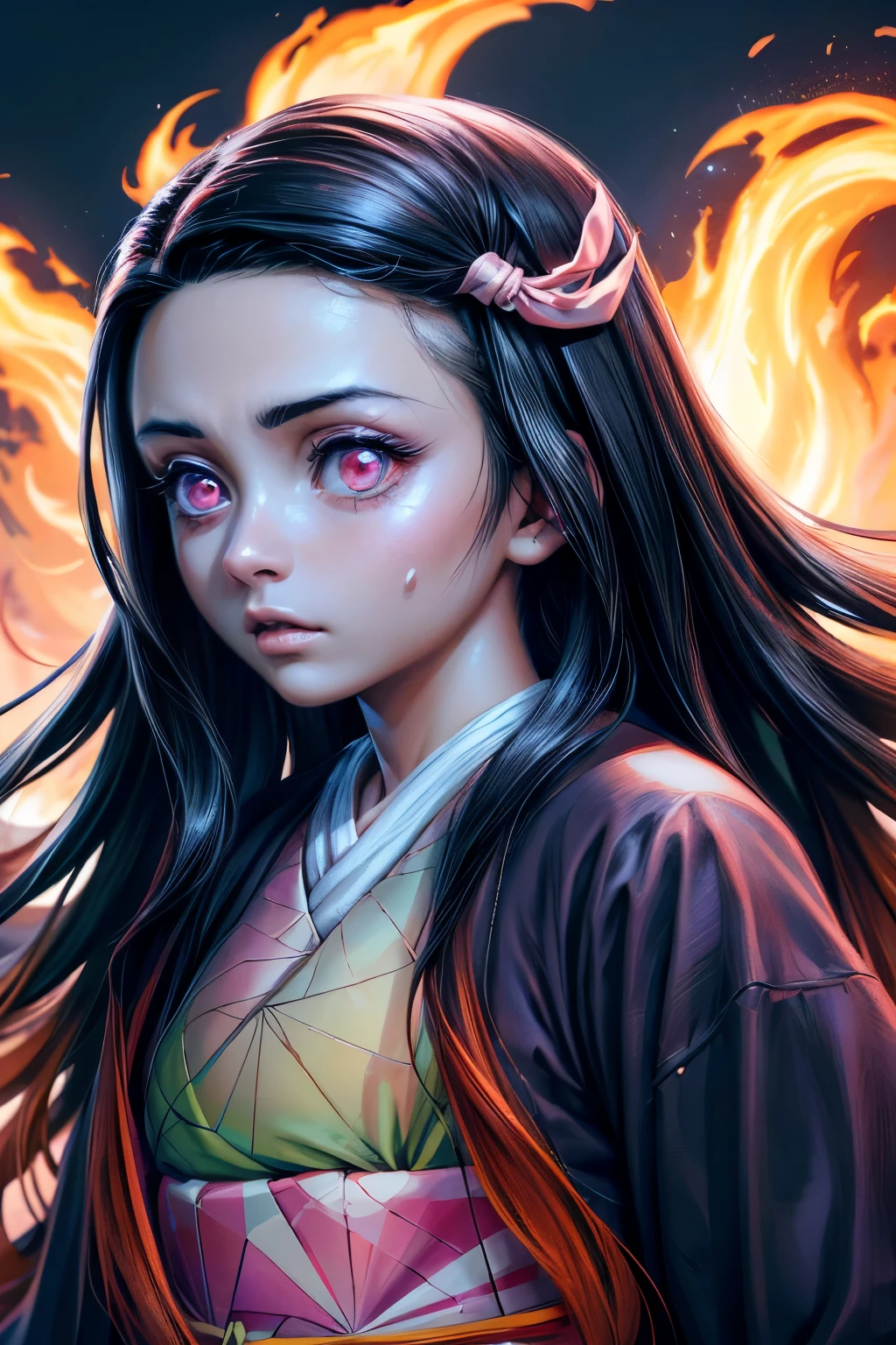 (Ultra Real), (Illustration), (High Resolution), (8K), (Very Detailed), (Best Illustration), (Beautiful Detailed Eyes), (Best Quality), (Ultra Detailed), (Masterpiece), (Wallpaper), (Detailed Face), Night Up Upper Body, ,Long Hair,Solo,Simple Kimono Top Girl, Sweaty, Japan Person, Big , (fire) Nezuko Kamado, Red Eyes,
