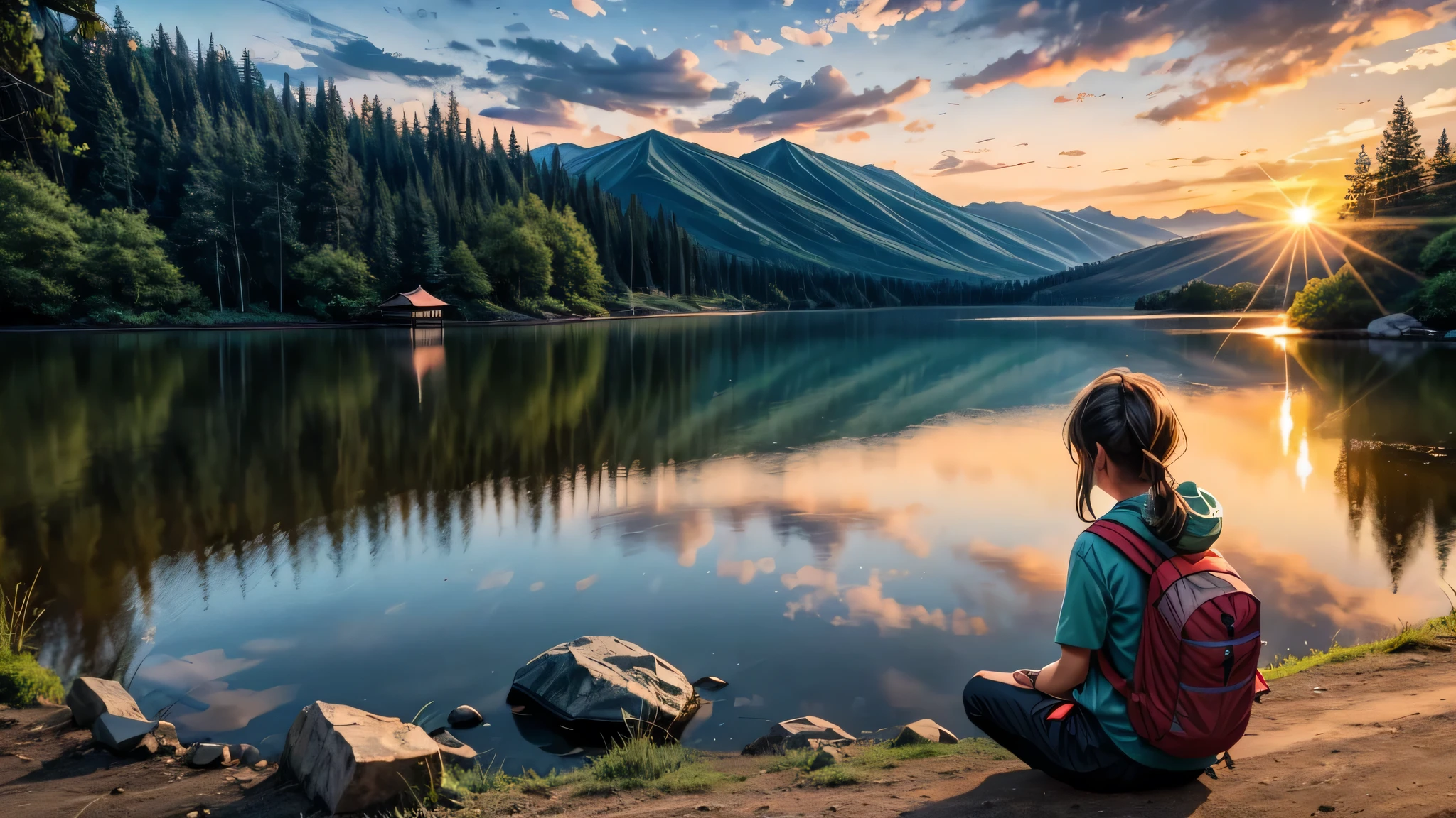 Acampamento ao ar livre、Near the lake、summer、 assistindo o nascer do sol