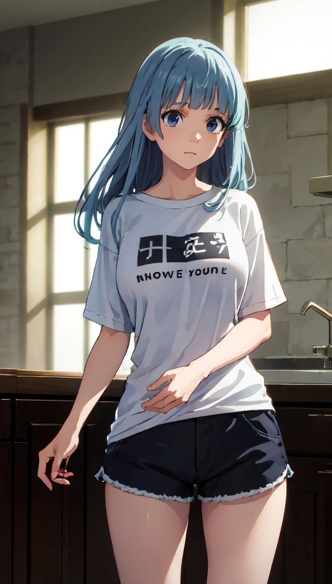 photorealistic, (4k), depth of field, (Masterpiece), (realistic skin texture), extremely detailed, intricate, hyper detailed, professional photography, bokeh, high resolution, sharp detail, best quality, girl, long hair, aqua hair, blunt bangs, blue eyes, dynamic pose, baggy graphic tshirt, dolfine shorts, booty shorts, beautiful thighs, colarbone, indoors, facing viewer, looking at viewers, large breasts,kasumi, miwa, kasumi miwa