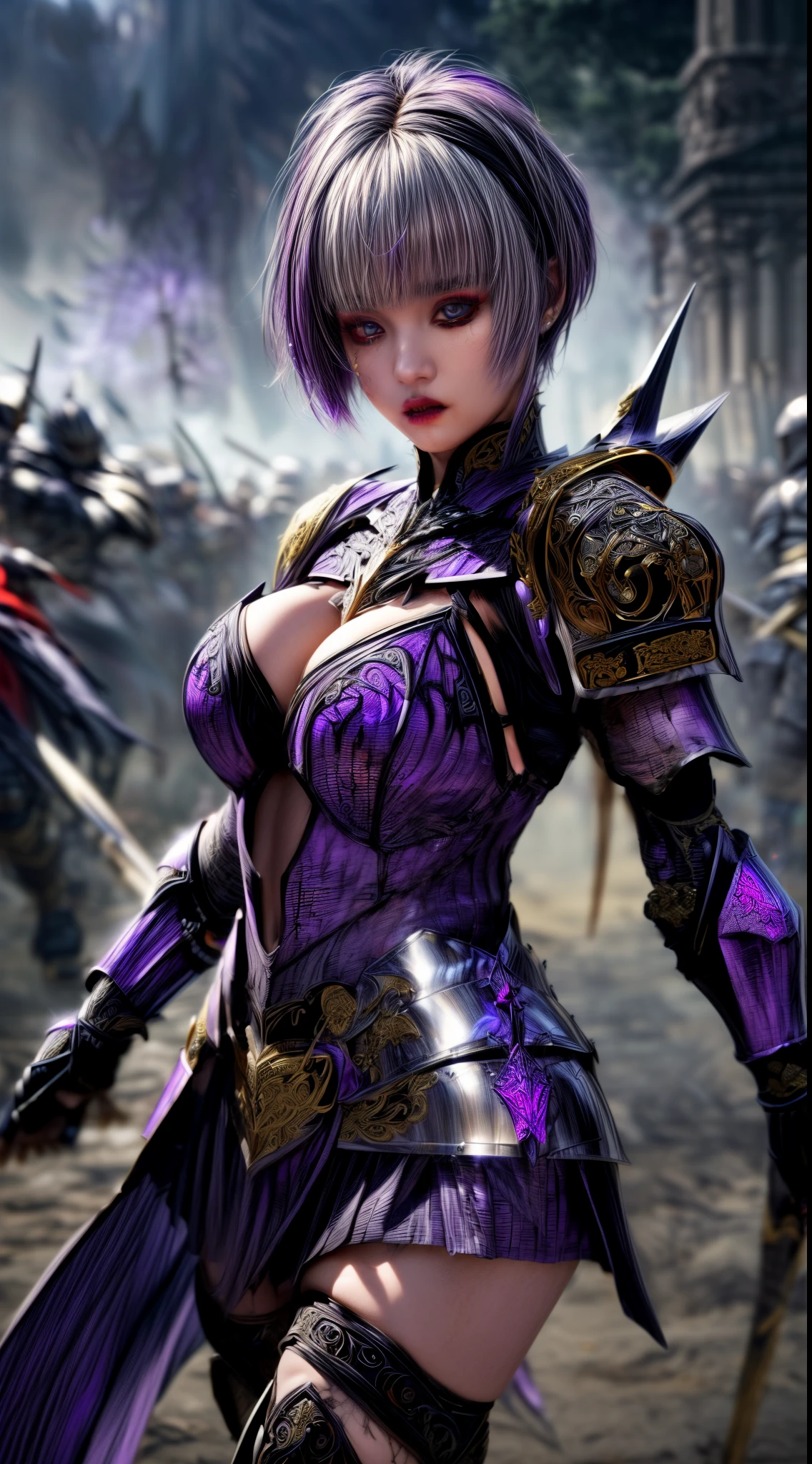 Very beautiful woman、Slender women、(Detailed face)、Realistic Skin、((Dark Knight)), (Dark purple:1.2)、((((Black armor with very fine and intricate decoration:1.5))))、((Delicate photo)),(Girl Astepeace RAW Photo Details:1.25), (highest quality:1.6), (超A high resolution:1.5), (Realistic:1.75), 8K resolution, Canon EOS R5, 50mm, Absurd, Ultra-detailed,Cinema Lighting,((battlefield))、((battle))、(((Dark grey skirt with embellishments)))、Thigh-high socks、Shin Guardulticolored Hair;1.2)、(Gradient Hair:1.2)、((Light gray hair:1.2))、((light purple hair:1.2))、((Pixie Cut:1.2))、(I can see your ripped abs)、Cape、Beautiful Armor、(((Has a huge weapon)))、(In combat)、((Strange and hideous armor:1.7))、((((Purple Mist))))、(((Leading a large group of knights:1.4)))、Purple military flag、Tarantula-inspired armor、(((Battle Scene)))、(((Purple Tarantula)))、((Dark circles under the eyes))、((eye shadow))、Black Lip、Knight Commander
