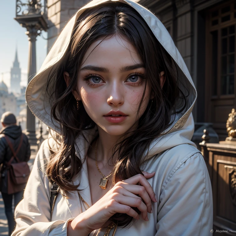 A full-body shot of depraved Princess Zelda, brown hair, blue eyes, dressed as an Assassin from Assassins Creed, in white+gold witha white mask and hood with gold details, XL bust, using a wrist blade. Background: A city during the renaissance period. Unreal Engine 5, Anime, Anime style, Masterpiece, Well drawn eyes, well drawn face, well detailed eyes, well detailed face, 8k, light and shadow effect.