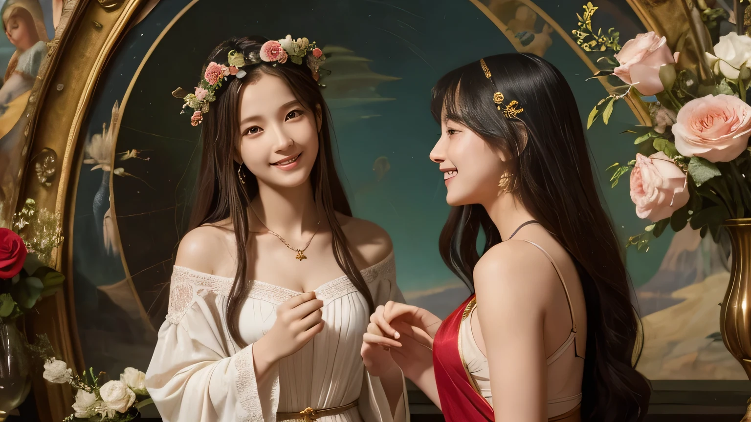 Giorgione painting style,Arguments of two female Philosophe,math、astronomical machine、astronaut、roses in vase、fruits、Cute trinkets、smile、ancient greek costume、Background is a forest lake at night 、Clothes that stretch your shoulders、A big smile、beautiful bare skin、A detailed representation of the seducing woman throughout her body.