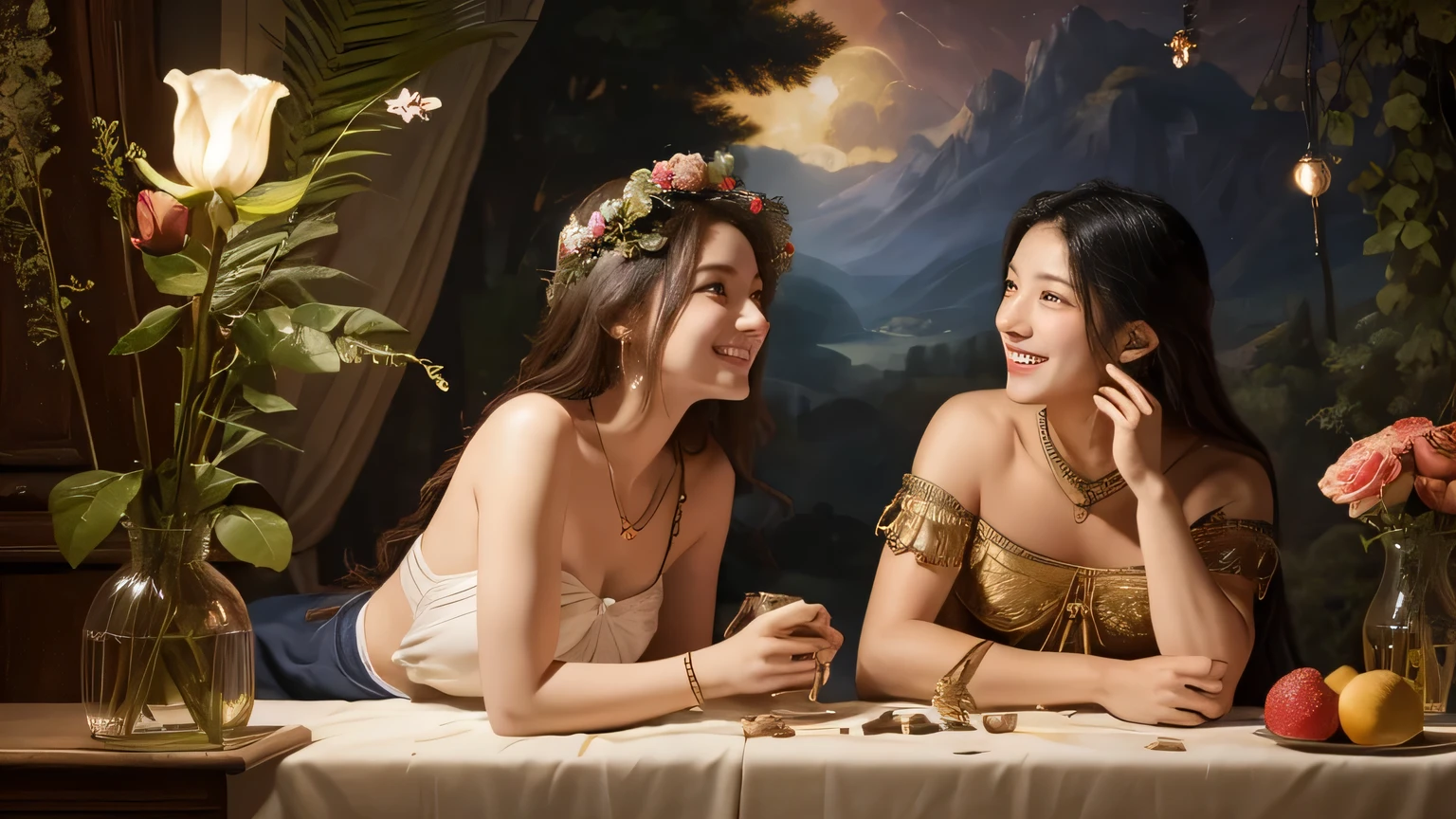 Giorgione painting style,Arguments of two female Philosophe,math、astronomical machine、astronaut、roses in vase、fruits、Cute trinkets、smile、ancient greek costume、Background is a forest lake at night 、Clothes that stretch your shoulders、A big smile、beautiful bare skin、A detailed representation of the seducing woman throughout her body.