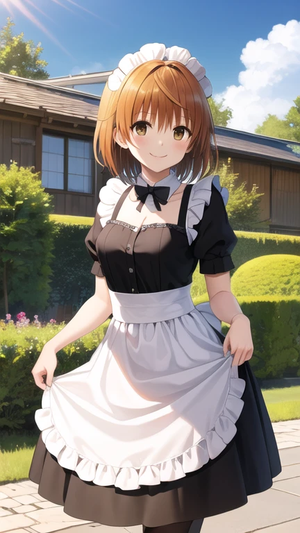 masterpiece, best quality, highres, Yuusaki Riko, short hair, brown eyes, maid, maid headdress, skirt hold, garden, smile