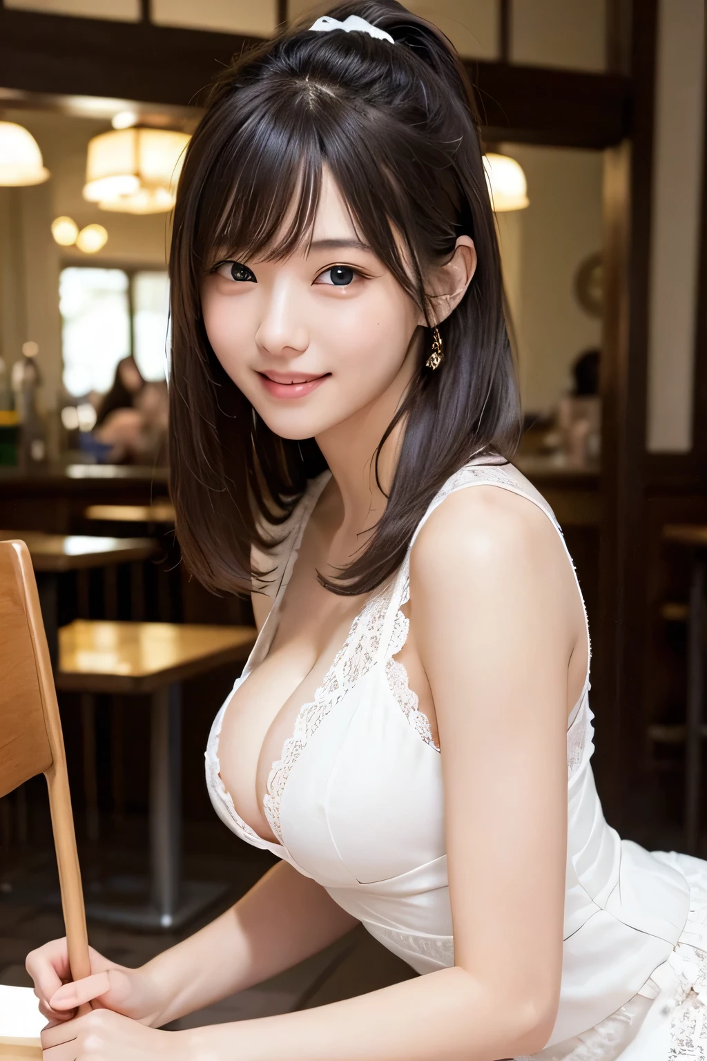 brightexpression、photorealistic stick:1.32、highest quality、超A high resolution、Photos of the most beautiful Japan girls、cute and beautiful face details、small face、(Pueros face_V1:0.008)、Beautiful bangs、、Brilliant white skin、hair gets tangled in face、Bangs that reach down to the face、bangs、hair between eyes、super long hair、charming brown silky hair、bright、Clear light blue eyes shine charmingly、ample breasts、Dynamic poses highest quality、disorganized、((the cutest girl in the world))、Japanese、14 years oldlace dress:1.3))、(half up hair:1.3)、(tie with a thin ribbon)、nice and cute、innocent smile、nice smile、cleavage、(big breasts:1.3)、ponytail、brown hair、thin waist、detailed beautiful eyes、face forward、Upper body、close up of face、Front view、