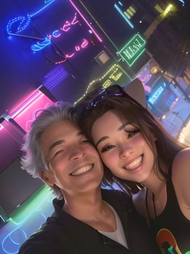 they are posing for a photo in front of a neon-lit bar, imagem de perfil, casal feliz, 8k foto selfiegraph, Sandra Chevier, both smiling at the camera, Foto do perfil, sorriso de discoteca, taken at the beginning of 2020, selfie!!!!!, foto tirada em 2 0 2 0, foto selfie, selfie, postagem no reddit, Mom and Dad