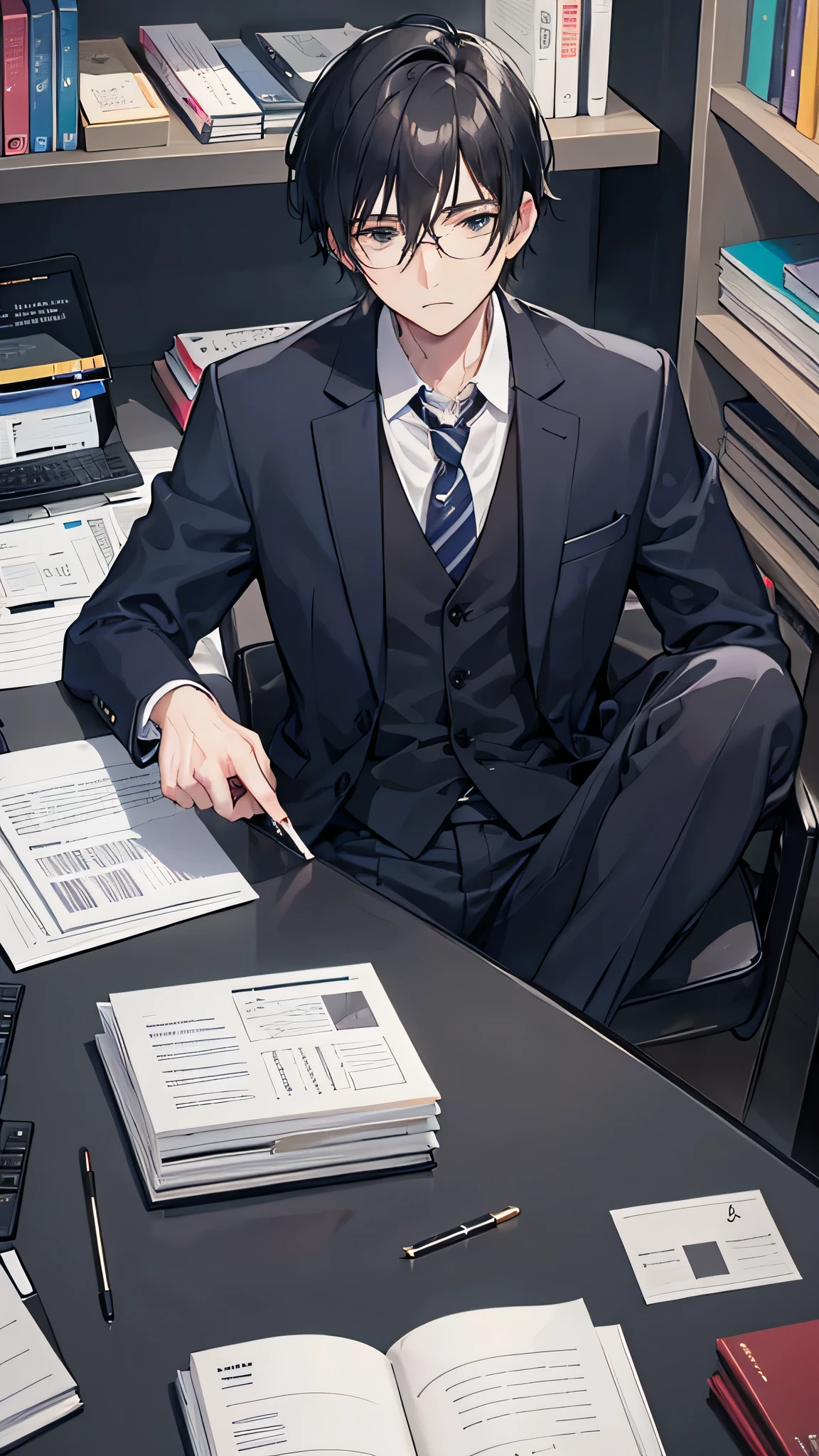 (Adult male in suit), glasses, black hair, short hair, in the office, pile of documents, around noon, working on a computer, smoking a cigarette, cool, stylish style, navy suit,