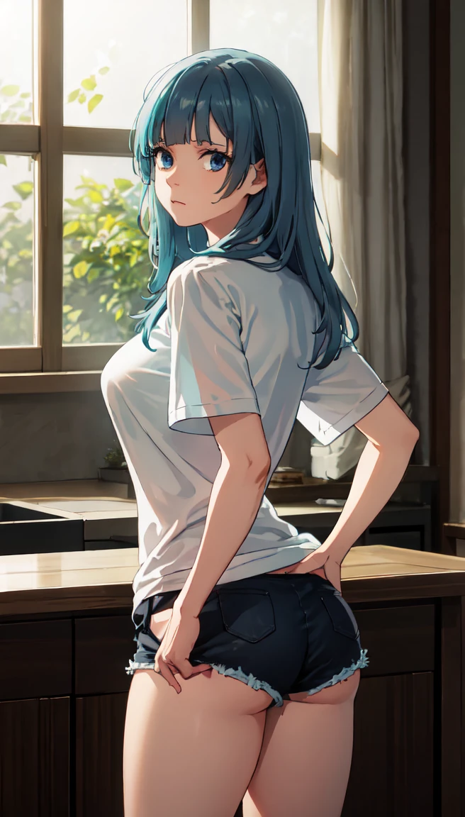 photorealistic, (4k), depth of field, (Masterpiece), (realistic skin texture), extremely detailed, intricate, hyper detailed, professional photography, bokeh, high resolution, sharp detail, best quality, girl, long hair, aqua hair, blunt bangs, blue eyes, dynamic pose, baggy graphic tshirt, dolfine shorts, booty shorts, beautiful thighs, colarbone, indoors, facing viewer, looking at viewers, large breasts,kasumi, miwa, kasumi miwa