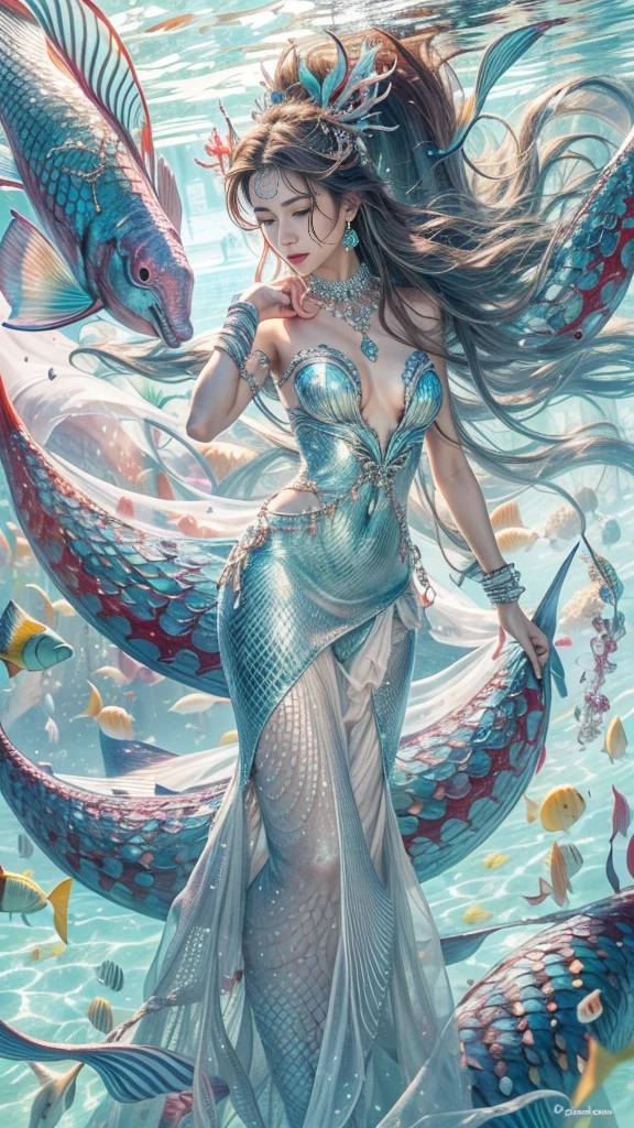 ((masterpiece, highest quality, Highest image quality, High resolution, photorealistic, Raw photo, 8K)), ((Extremely detailed CG unified 8k wallpaper)), (huge stunning goddess shot, very hot and sexy, jaw-dropping beauty, perfect proportions, beautiful body, slim body beauty:1.4), a ((mermaid princess)) with long flowing hair, detailed facial features, ((The lower half is fish without legs, intricate tail scales:1.5)), , It has no legs, but scales and a tail fin, elegant crown, underwater seascape, 