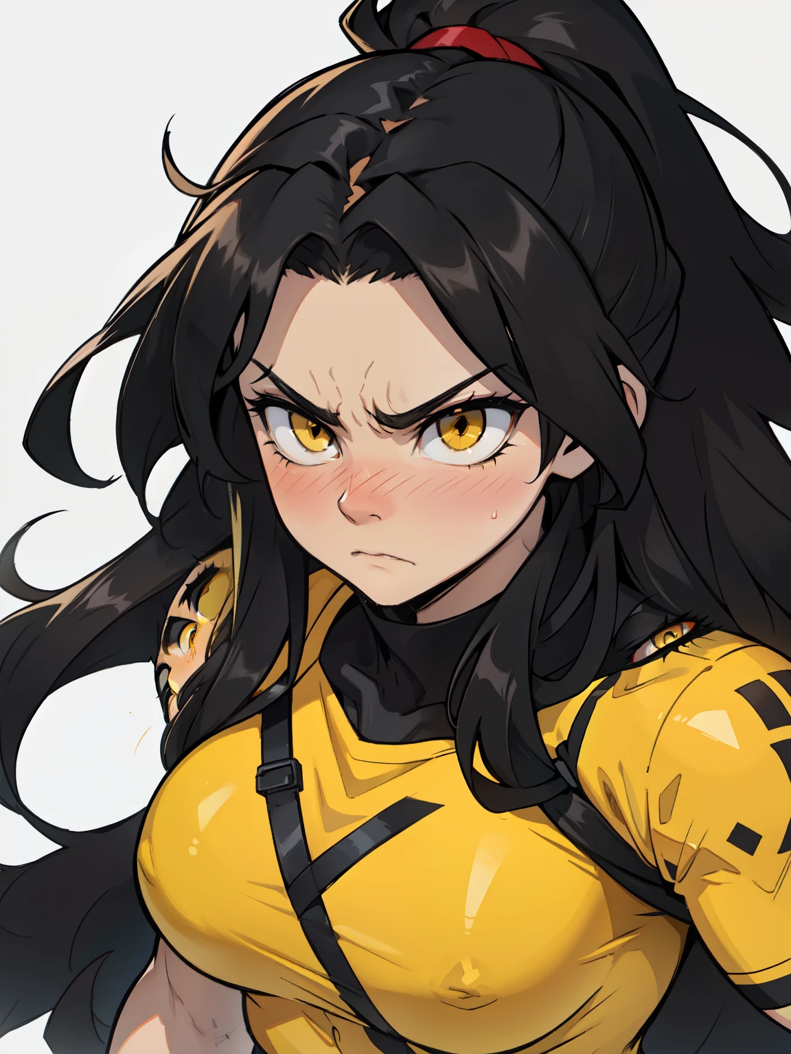 (messy hair extremely long hair black hair yellow eyes pale skin (muscular girl thick girl)) angry blush