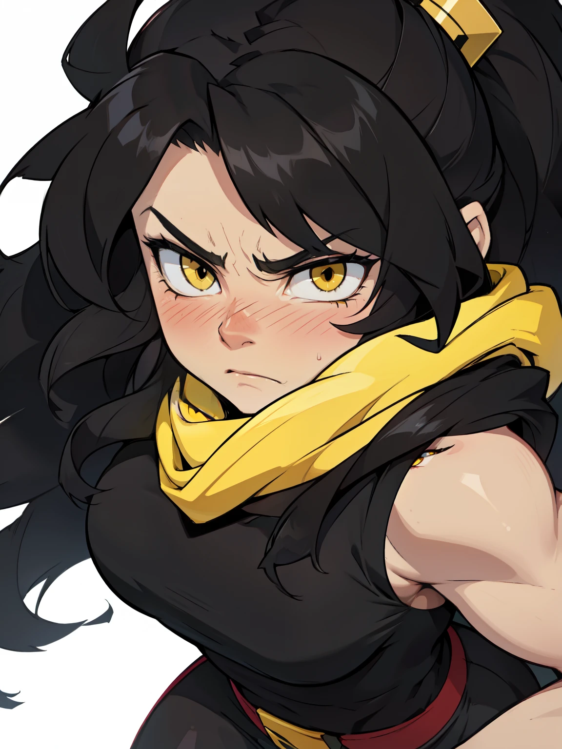 (messy hair extremely long hair black hair yellow eyes pale skin (muscular girl thick girl)) angry blush