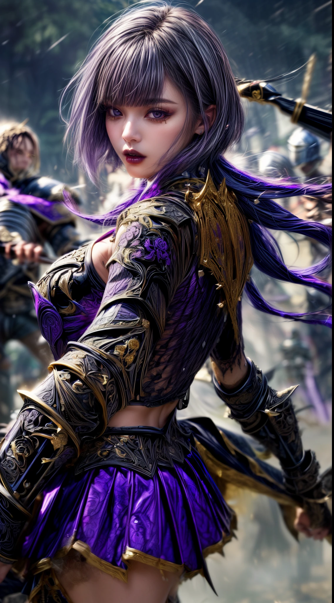 Very beautiful woman、Slender women、(Detailed face)、Realistic Skin、((Dark Knight)), (Dark purple:1.2)、((((Black armor with very fine and intricate decoration:1.5))))、((Delicate photo))，(Girl Astepeace RAW Photo Details:1.25), (highest quality:1.6), (超A high resolution:1.5), (Realistic:1.75), 8K resolution, Canon EOS R5, 50mm, Absurd, Ultra-detailed,Cinema Lighting,((battlefield))、((battle))、(((Dark grey skirt with embellishments)))、Thigh-high socks、Shin Guardulticolored Hair;1.2)、(Gradient Hair:1.2)、((Light gray hair:1.2))、((light purple hair:1.2))、((Pixie Bob:1.2))、(I can see your ripped abs)、Cape、Beautiful Armor、(((Has a huge weapon)))、(In combat)、((Unusual Armor:1.7))、((((Purple Mist))))、(((Leading a large group of knights:1.4)))、Purple military flag、Tarantula-inspired armor、(((Battle Scene)))、(((Purple Tarantula)))、((Dark circles under the eyes))、((eye shadow))、Black Lip、Knight Commander、action