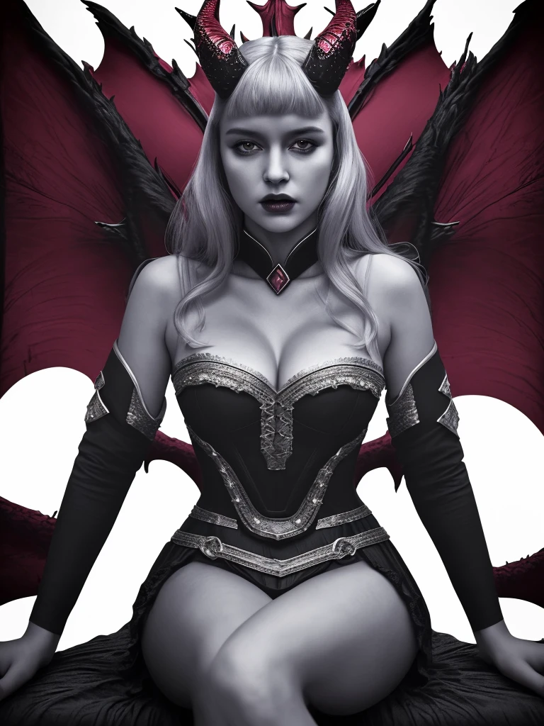 1girl,horn,wings,queen of hell,georgeous,luxury cloth,sit on throne,long dress,intricate details,dramatic lighting,cinematic composition,dark fantasy,chiaroscuro,moody atmosphere,dramatic shadows,intense colors,vibrant palette,deep crimson tones,best quality,8k,highres,masterpiece:1.2,ultra-detailed,realistic,photorealistic:1.37